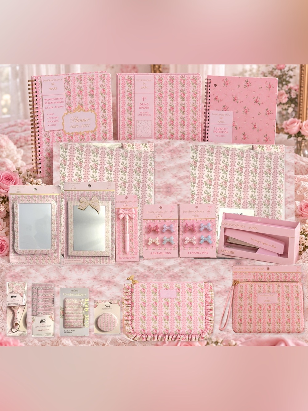 LoveShackFancy Pink Floral Home Office Accessory Set